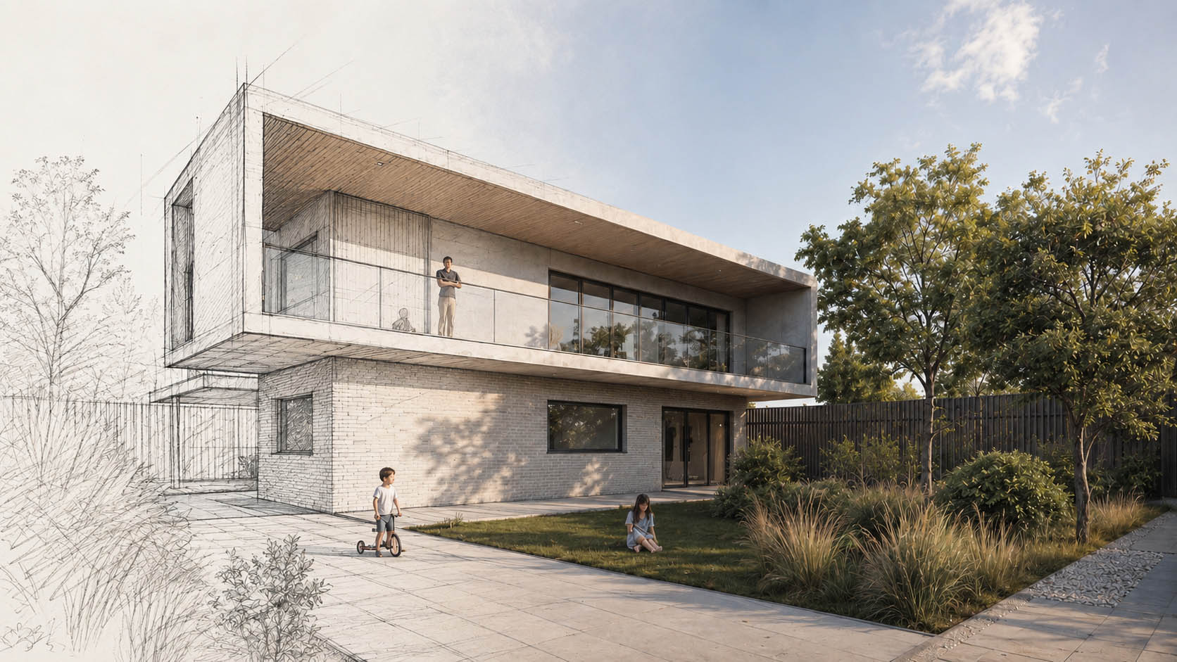 House design evolving from rough hand sketch to photorealistic image