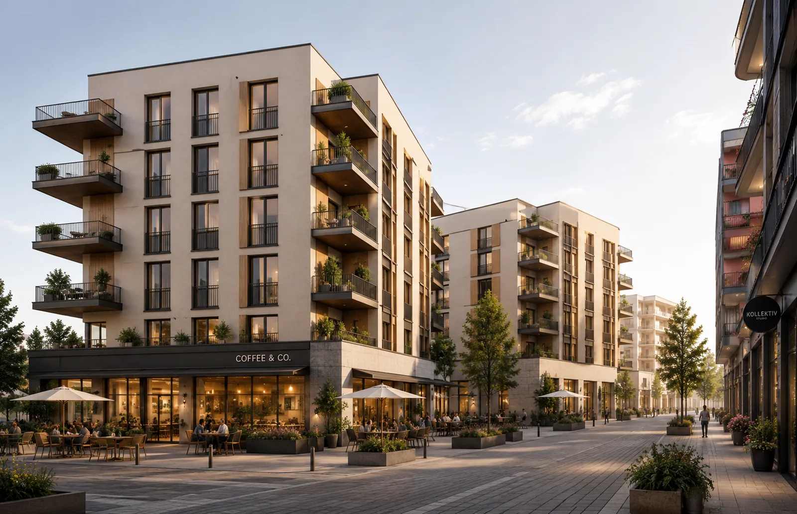 After: photoreal facade direction generated from the massing model
