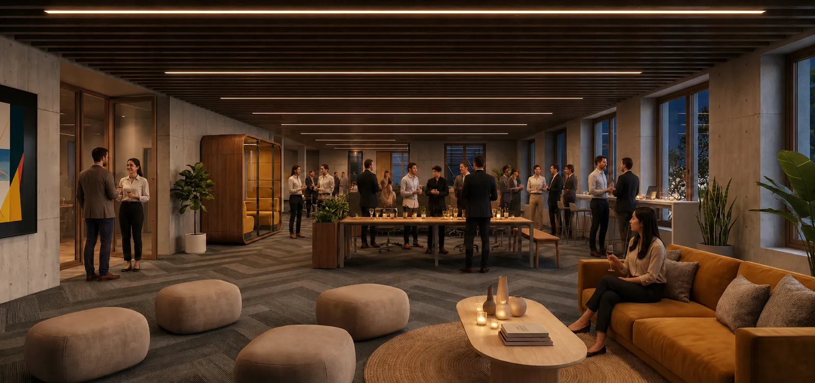 Same office interior as an evening event scene